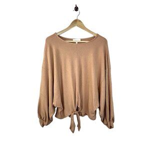 NEW! Tie Front Ribbed Long Sleeved Top Oversized Relaxed Fit Brown Tan SMALL